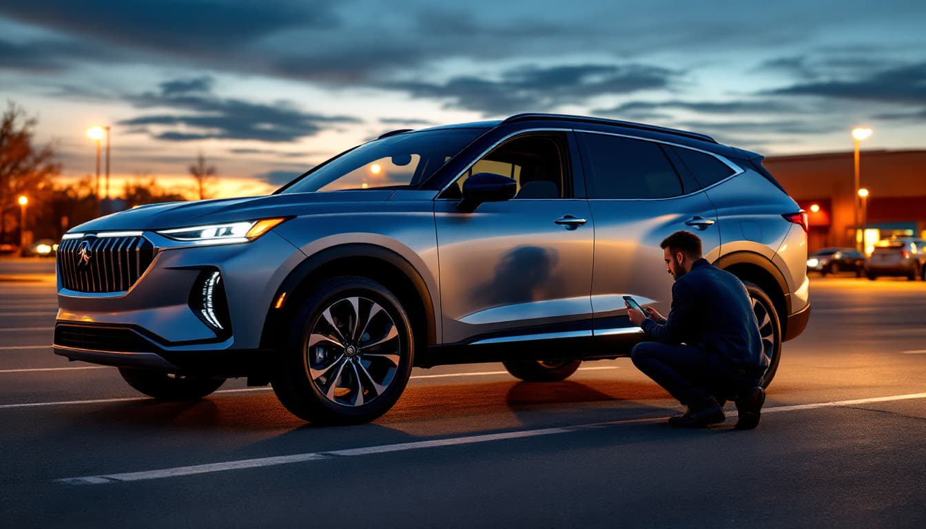 silver crossover SUV in a large open-air shopping center parking lot at dusk with a technician at the driver door