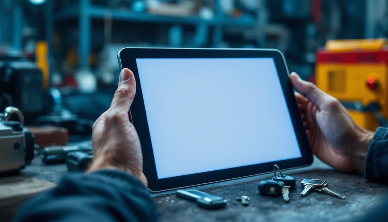 technician hands holding a tablet with a quote form beside a key blank and key cutting machine on a workbench