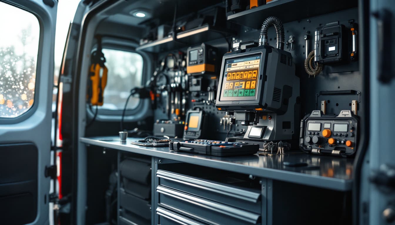 interior of a mobile automotive locksmith van in Southlake TX with key cutting machine and diagnostic programmers