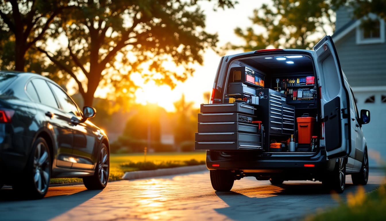 mobile automotive locksmith van parked in a suburban Texas driveway at golden hour with tool drawers open