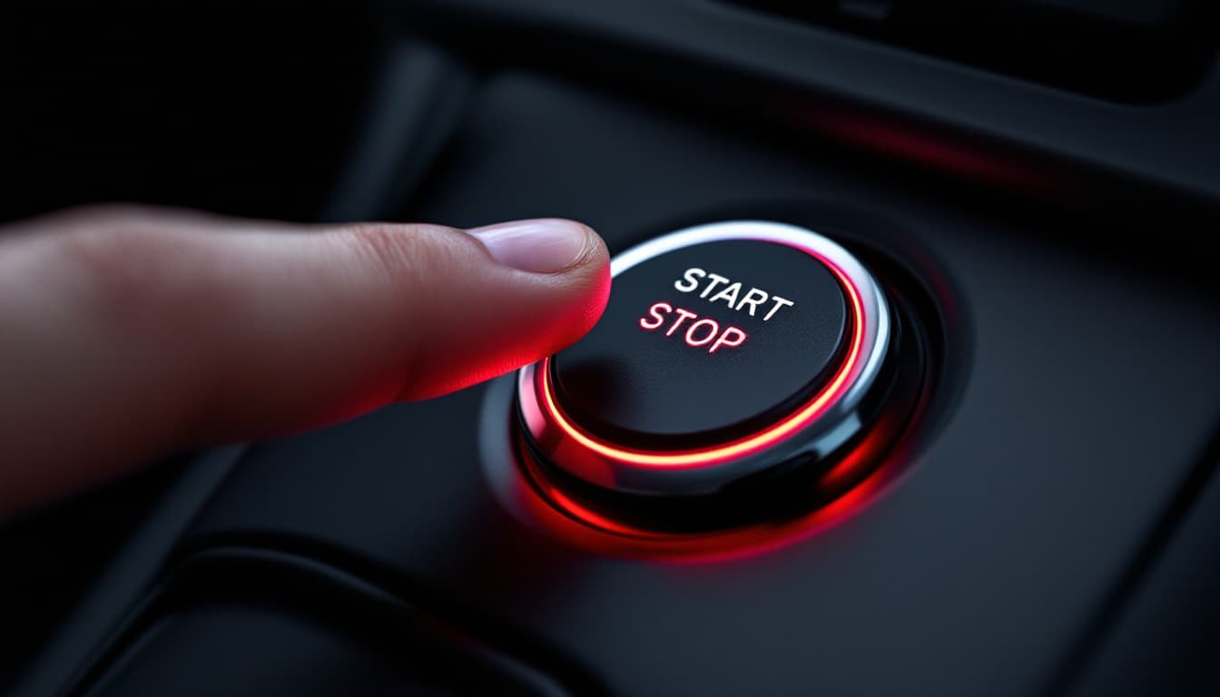 close-up of a start-stop engine push button on a German sports sedan center console with red ambient lighting