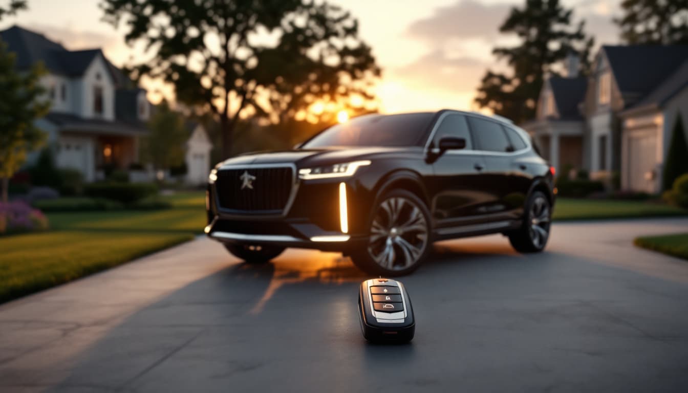 large black luxury SUV in an upscale suburban driveway at dusk with a key fob on the hood