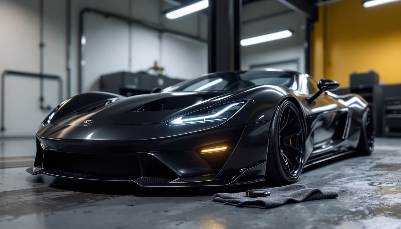 low-slung American sports car in a residential garage with a key fob resting on a cloth on the front fender
