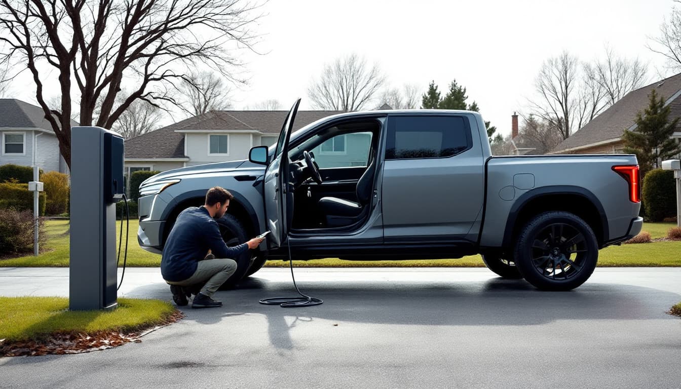 electric Ford pickup truck parked in a Southlake TX driveway while a locksmith programs a replacement key fob