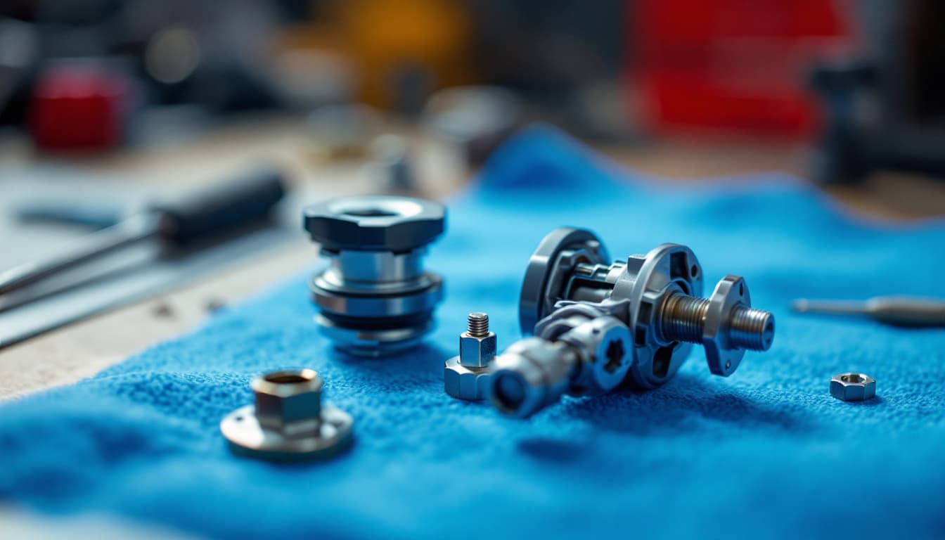 disassembled ignition lock cylinder and housing on a blue shop towel with picks and a torx driver