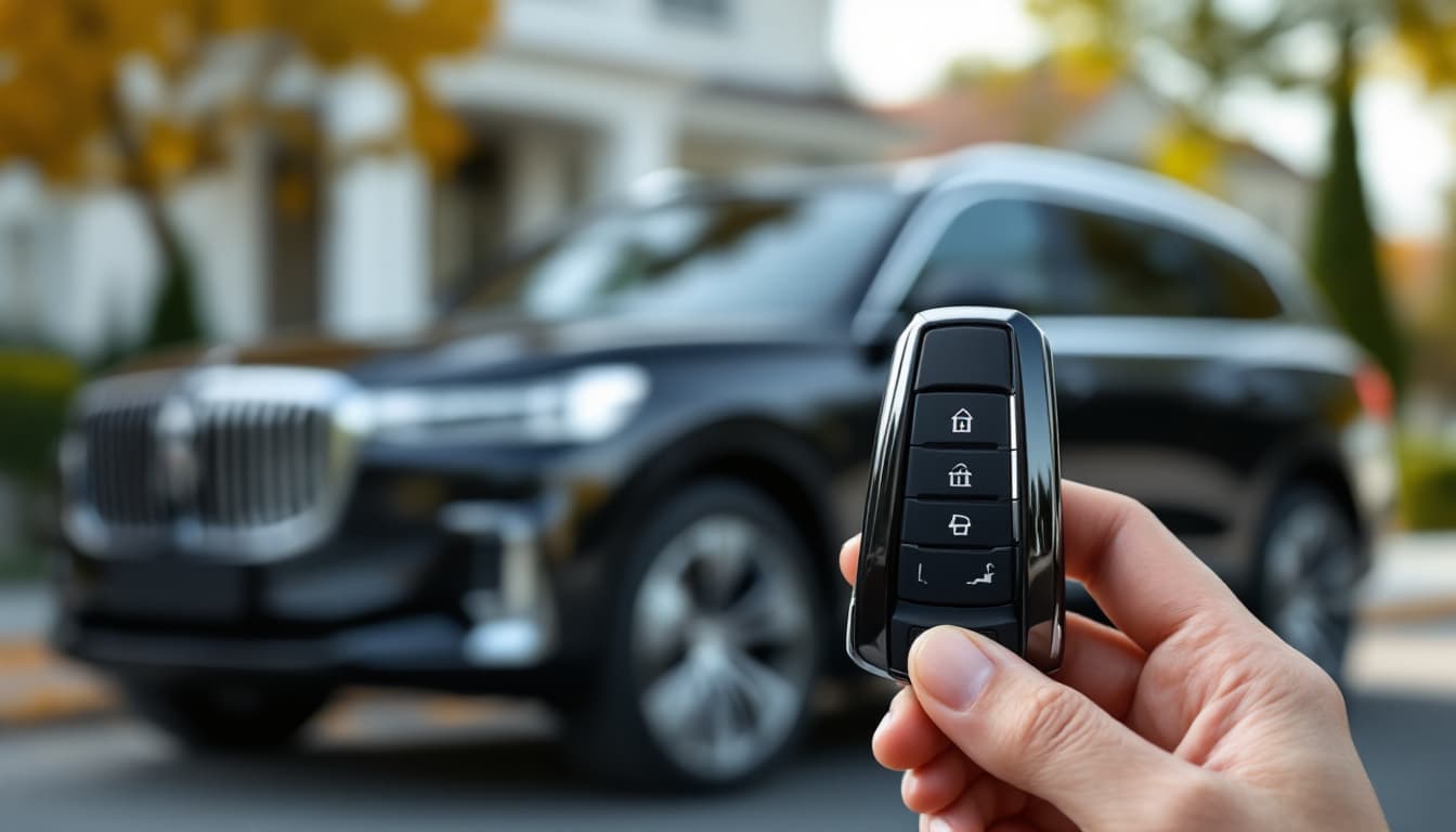 modern luxury SUV key fob held in front of an upscale vehicle in Southlake TX