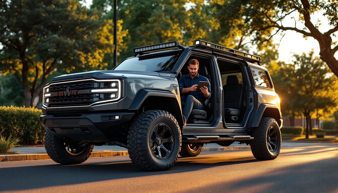 modern boxy off-road SUV with removable doors on a suburban street with a technician holding a diagnostic tablet