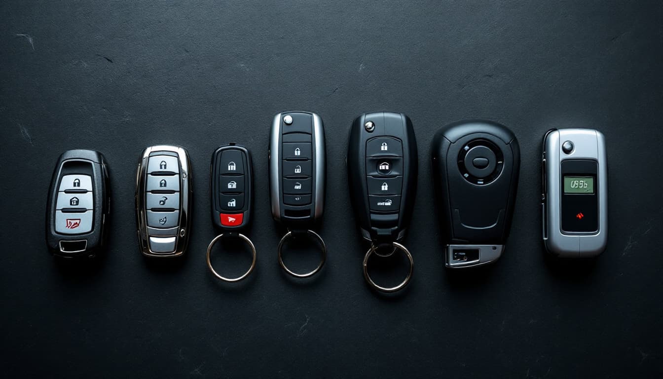 car key fobs of different generations laid out beside a programming tool in Southlake TX