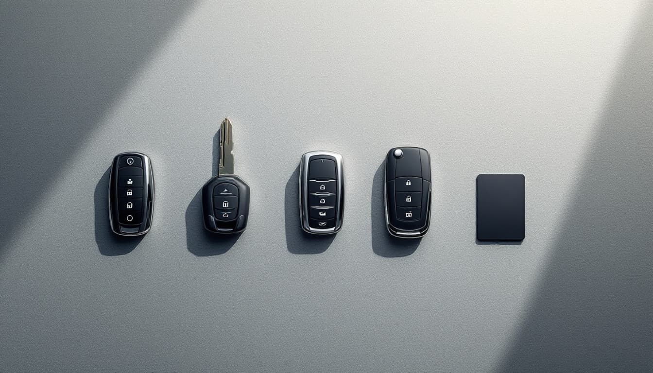 five different modern car key fob types arranged in a row on a grey workbench