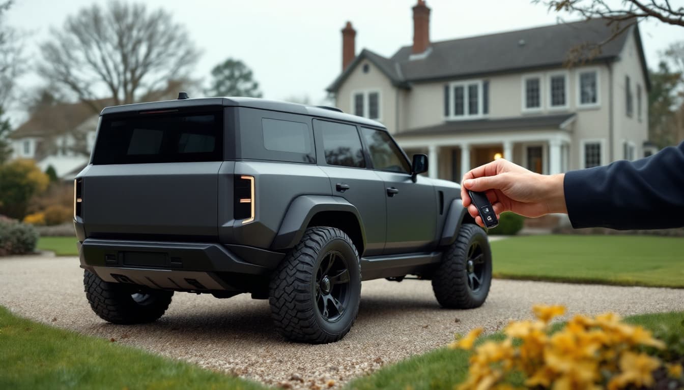 boxy modern British off-road SUV on a gravel drive with a hand holding a key fob toward the vehicle