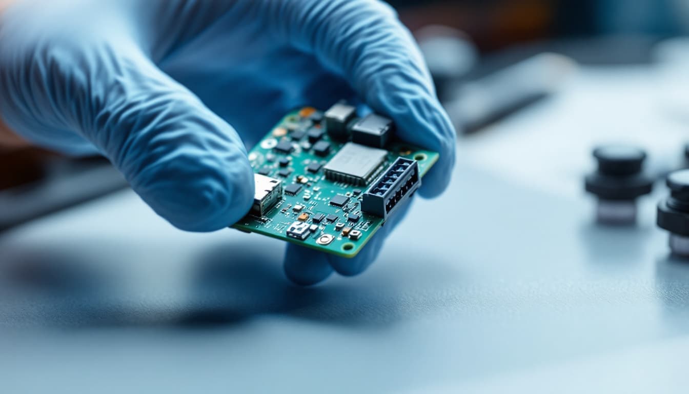 automotive electronic control module circuit board held in a gloved hand over a workbench