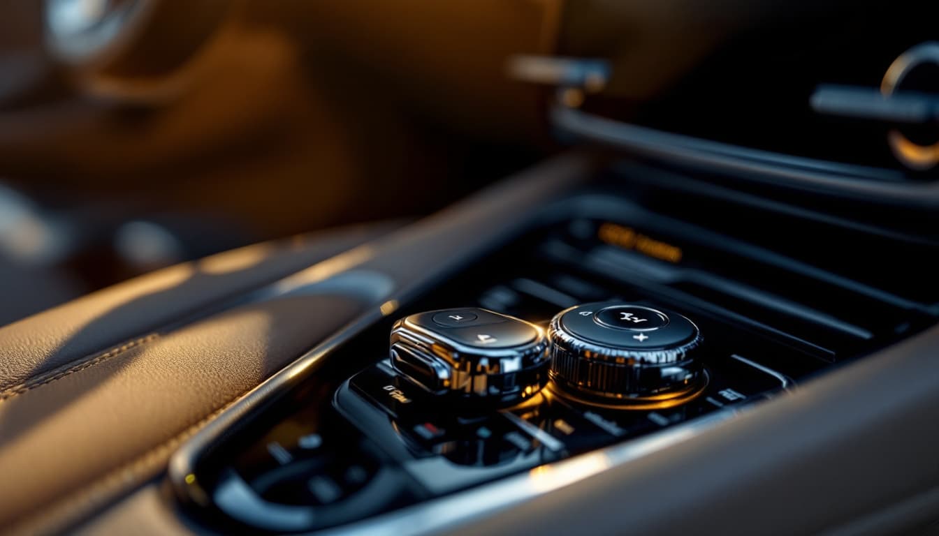 Mercedes-Benz ignition area with a chrome key fob inserted, photographed in Southlake TX