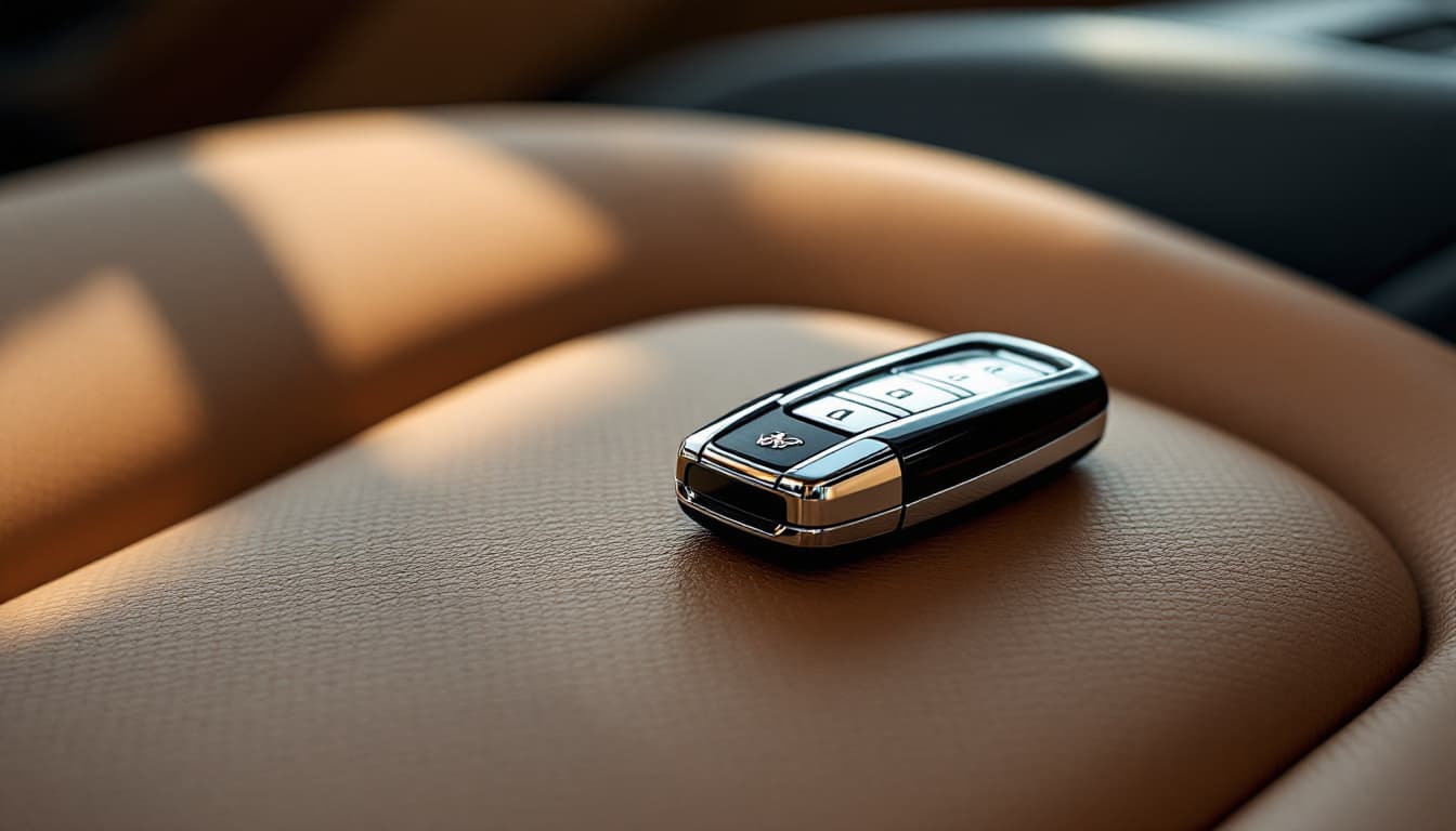 Mercedes-Benz E-Class Keyless-Go chrome key fob resting on the console of a sedan in Southlake TX