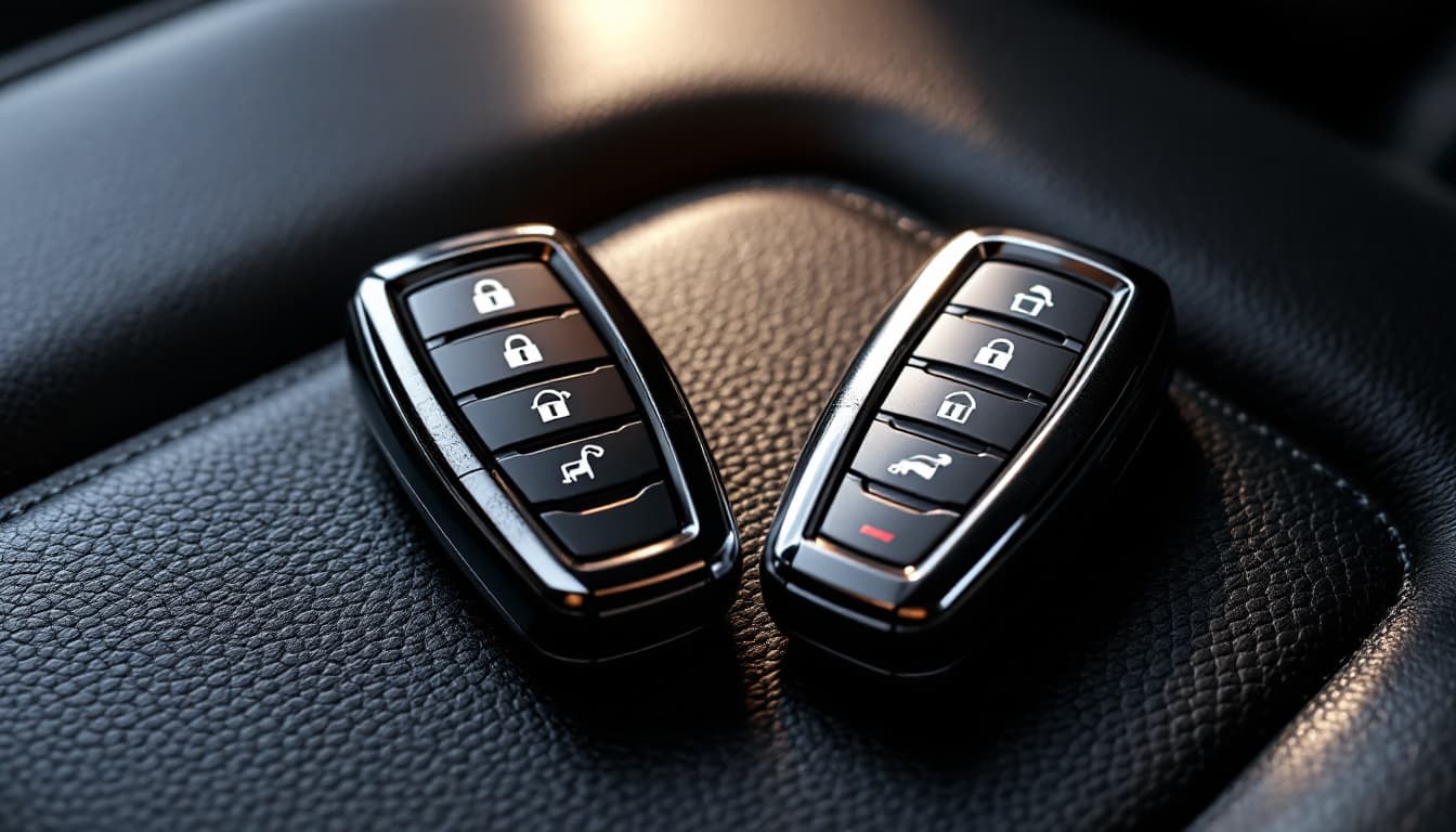 two sports car key fobs on a dark leather seat, one worn and one new, with dramatic side lighting