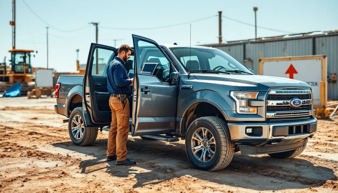 full-size pickup truck at a Texas job site with a locksmith technician working at the open driver door