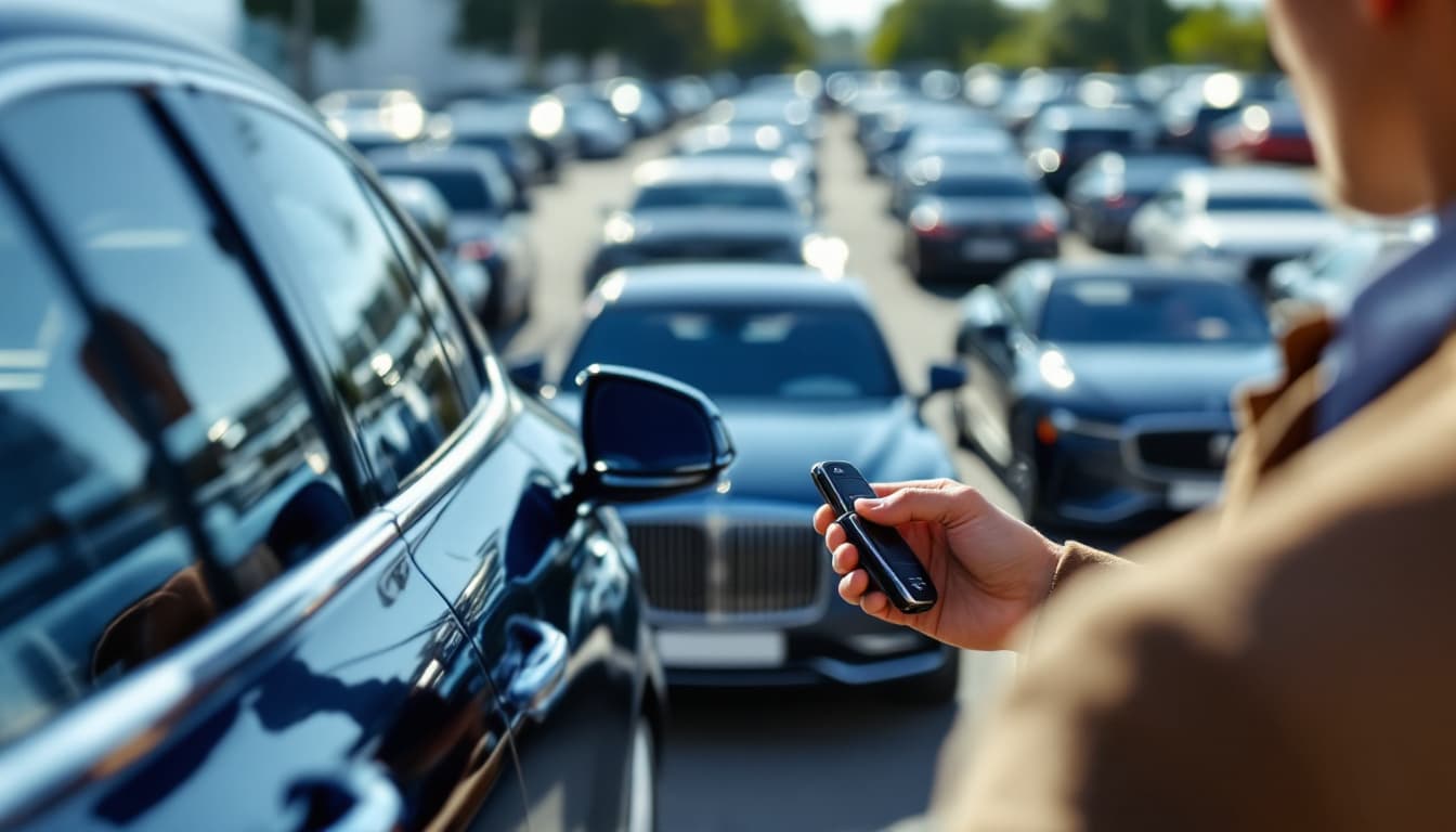 buyer examining a luxury sedan on a dealership lot with keys in hand, Southlake TX