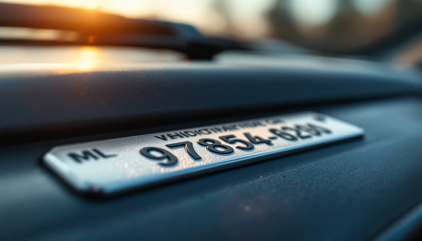 vehicle identification number plate visible through a car windshield in morning light