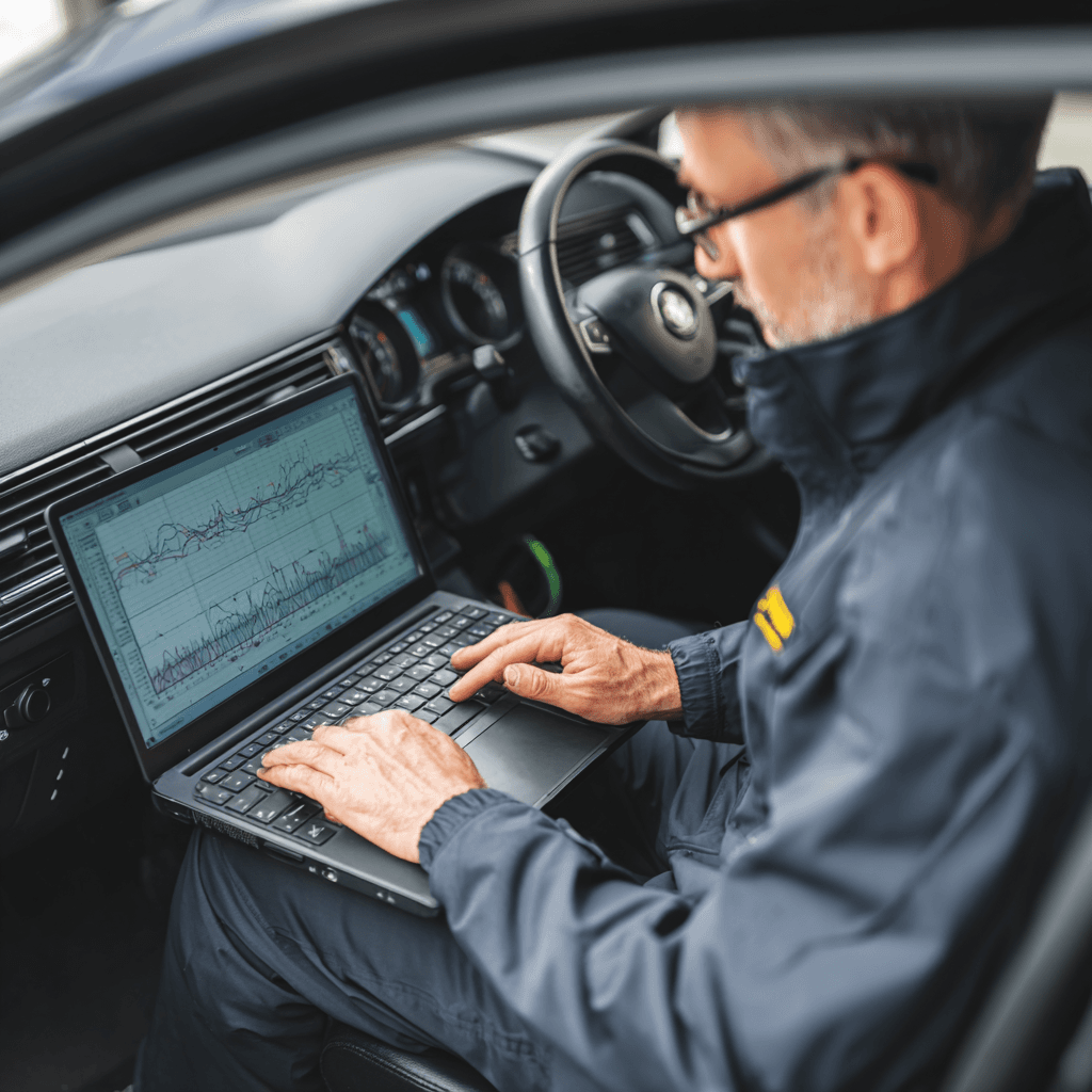 Automotive locksmith analyzing car key and immobilizer data on laptop for lost key replacement in Southlake TX