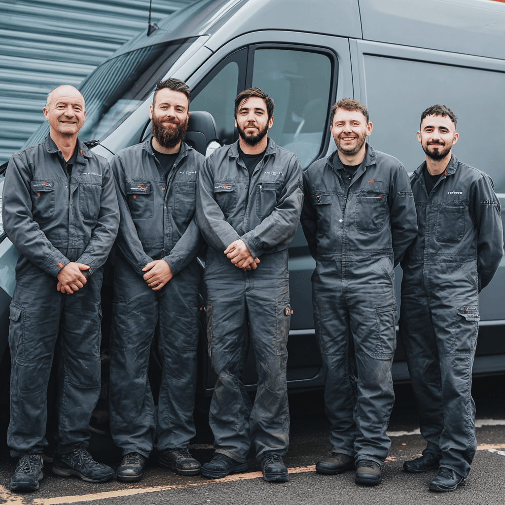 Professional locksmith team in uniform standing next to mobile service van in Southlake TX