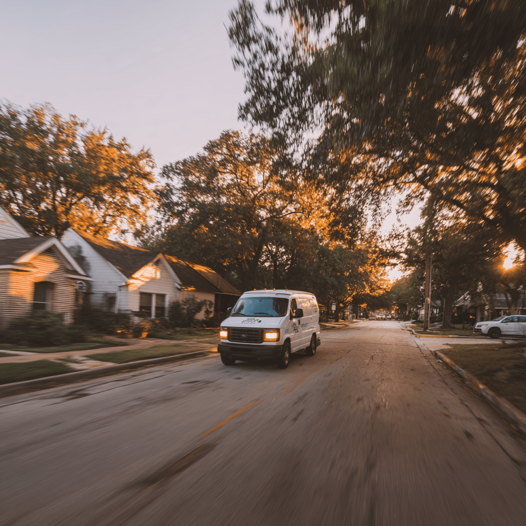 Mobile locksmith service van driving through Southlake TX neighborhood for emergency automotive locksmith service
