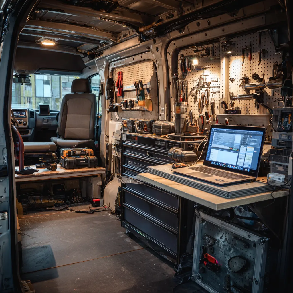 Mobile locksmith van interior fully equipped with key cutting machines, diagnostic tools, and laptop for automotive locksmith service in Southlake TX